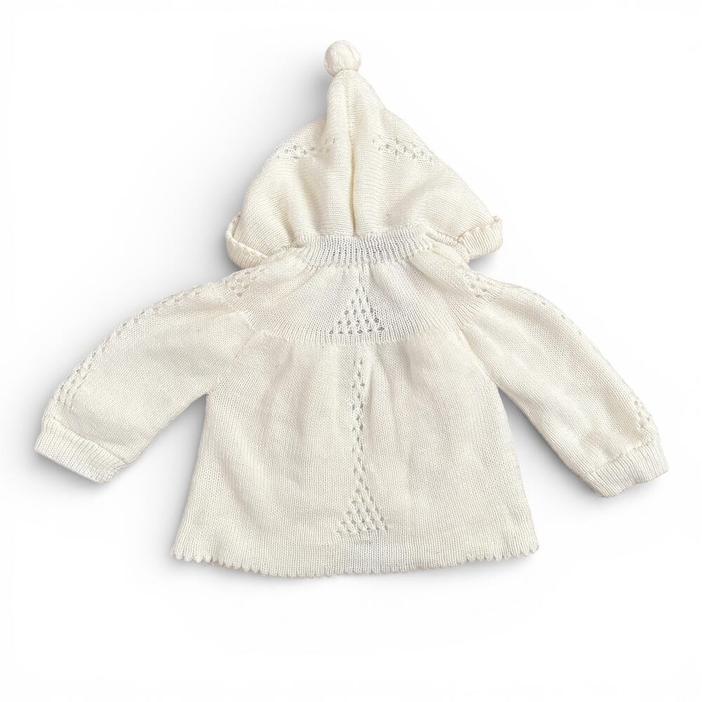 Vintage Hand Knit Baby Hooded Cardigan Cream Pointelle Floral Embroidery Pixie - Picture 2 of 4